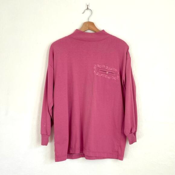 Vintage Pink High Neck Embroidered Pocket Long Sleeve Shirt - Picture 1 of 6